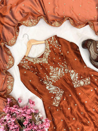 Party Wear Rangoli Silk Anarkali Gown in Rusty Orange
