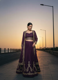 Modern Designer Semi-Bridal Wine Pink Lehenga Choli Set with Stylish Long Shrug in Premium Star Georgette Fabric for Wedding & Festive Wear