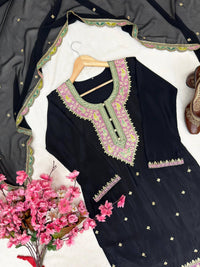 Black & White Kurti Palazzo Set in premium chinon silk fabric with multy color thread Embroidery work