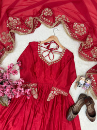 Festive Red Anarkali Gown In Chinon Silk fabric,featuring 5mm Sequin Work and Intricate Floral Embroidery