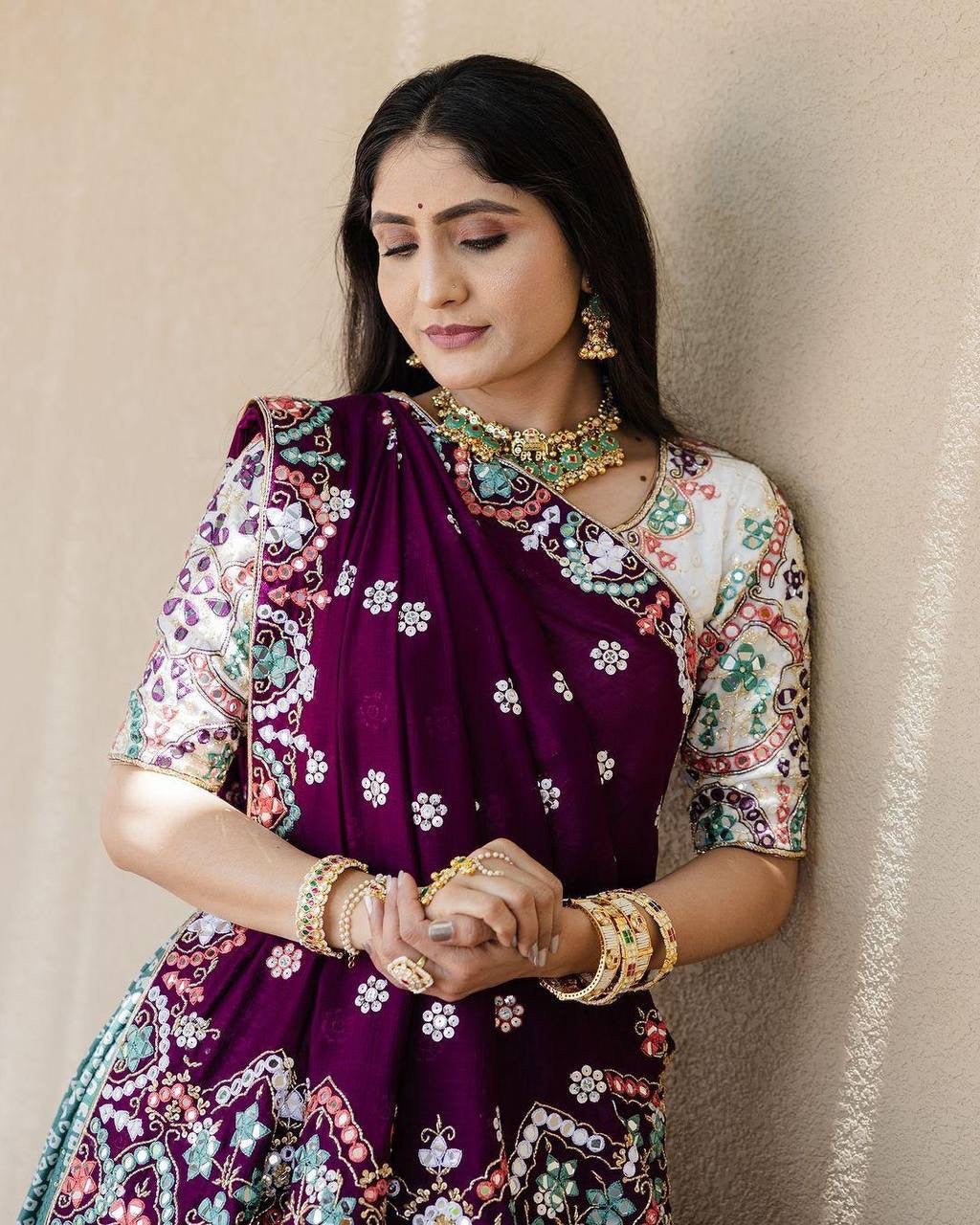 Navratri special Premium Heavy Muslin Cotton Lehenga with Digital Print & Real Mirror Work