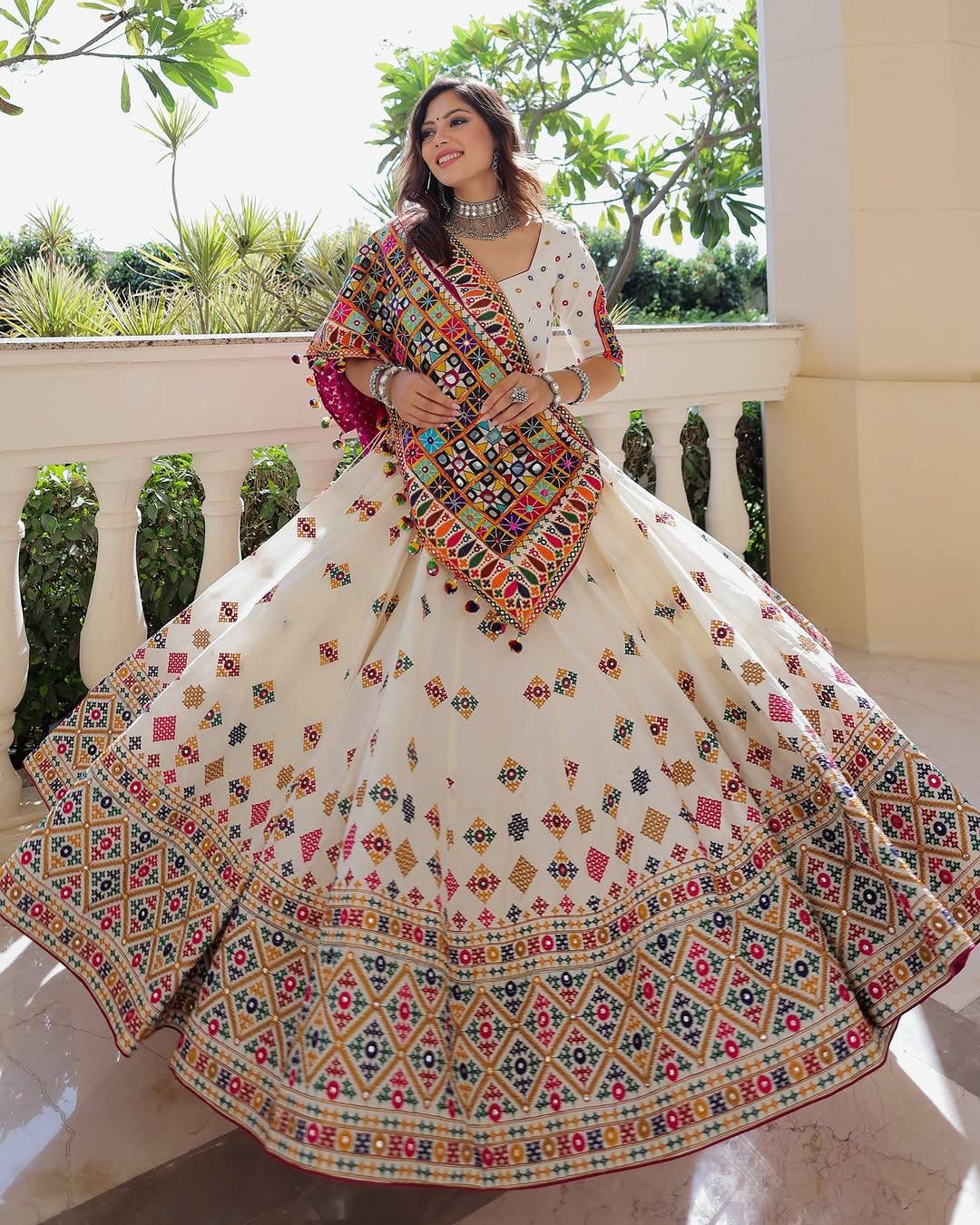 A-One Quality Heavy Muslin Cotton Navratri Special Lehenga Choli with Digital Print & Real Mirror Work - ALC 107