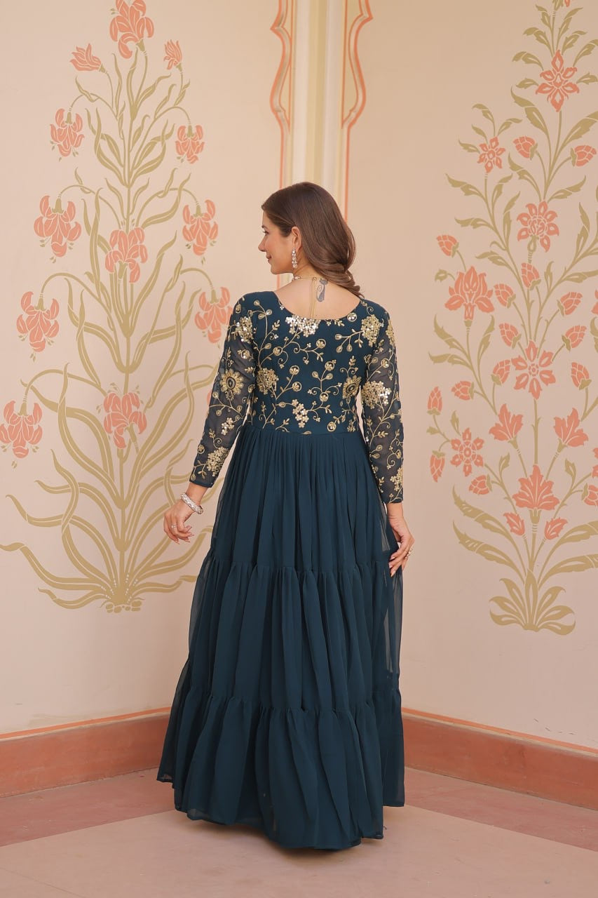 Premium Readymade Gown with Sequins & Zari Embroidery - 12 Meter Flair - FFlw9237