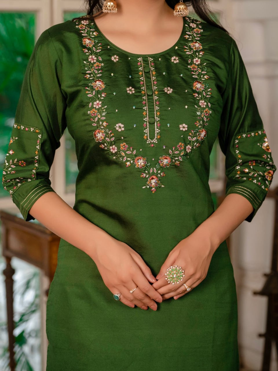 Elegant Marina Silk Straight Kurti Pant Dupatta Set with Multi Embroidery & Hand Work