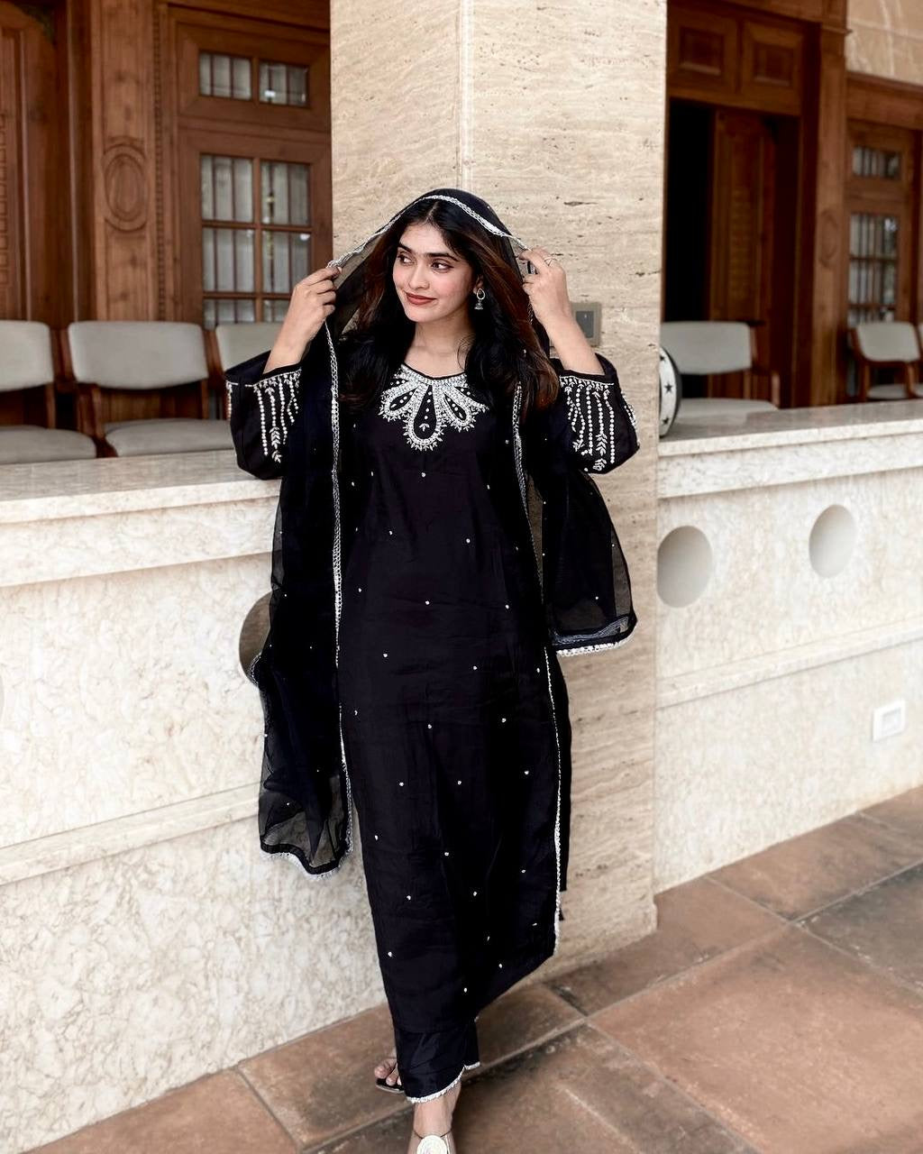 Premium Muslin Cotton Kurti-Pant Set with Sequins Embroidery & Fancy Lace - LC 1311