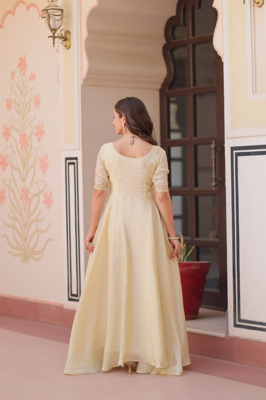 Premium Readymade Designer Gold Crush Gown with Beads Embroidery & Umbrella Flair