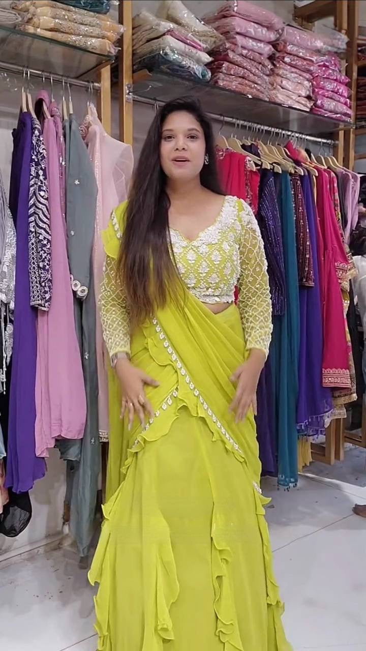 Ready To Wear Ruffles Saree with Long Sleeve Blouse in Lemon Yellow - Georgette with Moti Lace