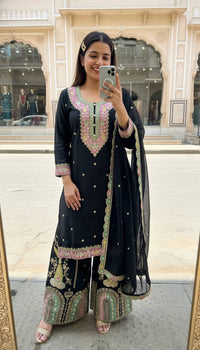 Black & White Kurti Palazzo Set in premium chinon silk fabric with multy color thread Embroidery work