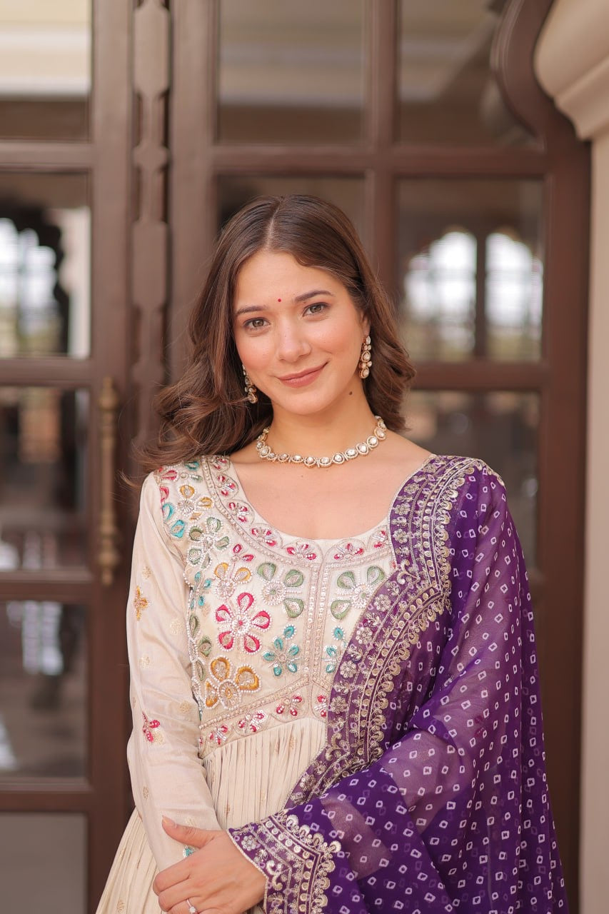 Trending Cosmos Jacquard Gown with Bandhani Printed Embroidered Cut Work Dupatta