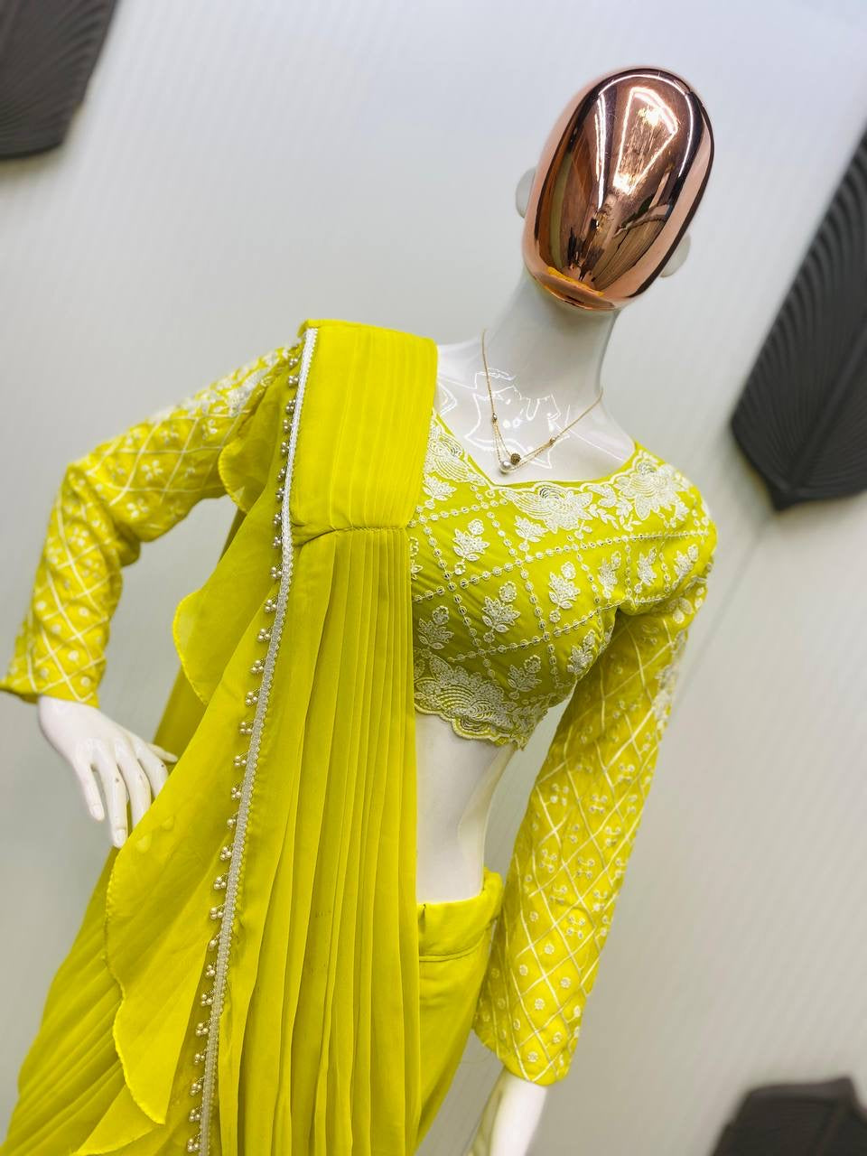 Ready To Wear Ruffles Saree with Long Sleeve Blouse in Lemon Yellow - Georgette with Moti Lace