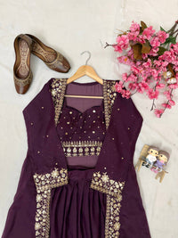 Modern Designer Semi-Bridal Wine Pink Lehenga Choli Set with Stylish Long Shrug in Premium Star Georgette Fabric for Wedding & Festive Wear