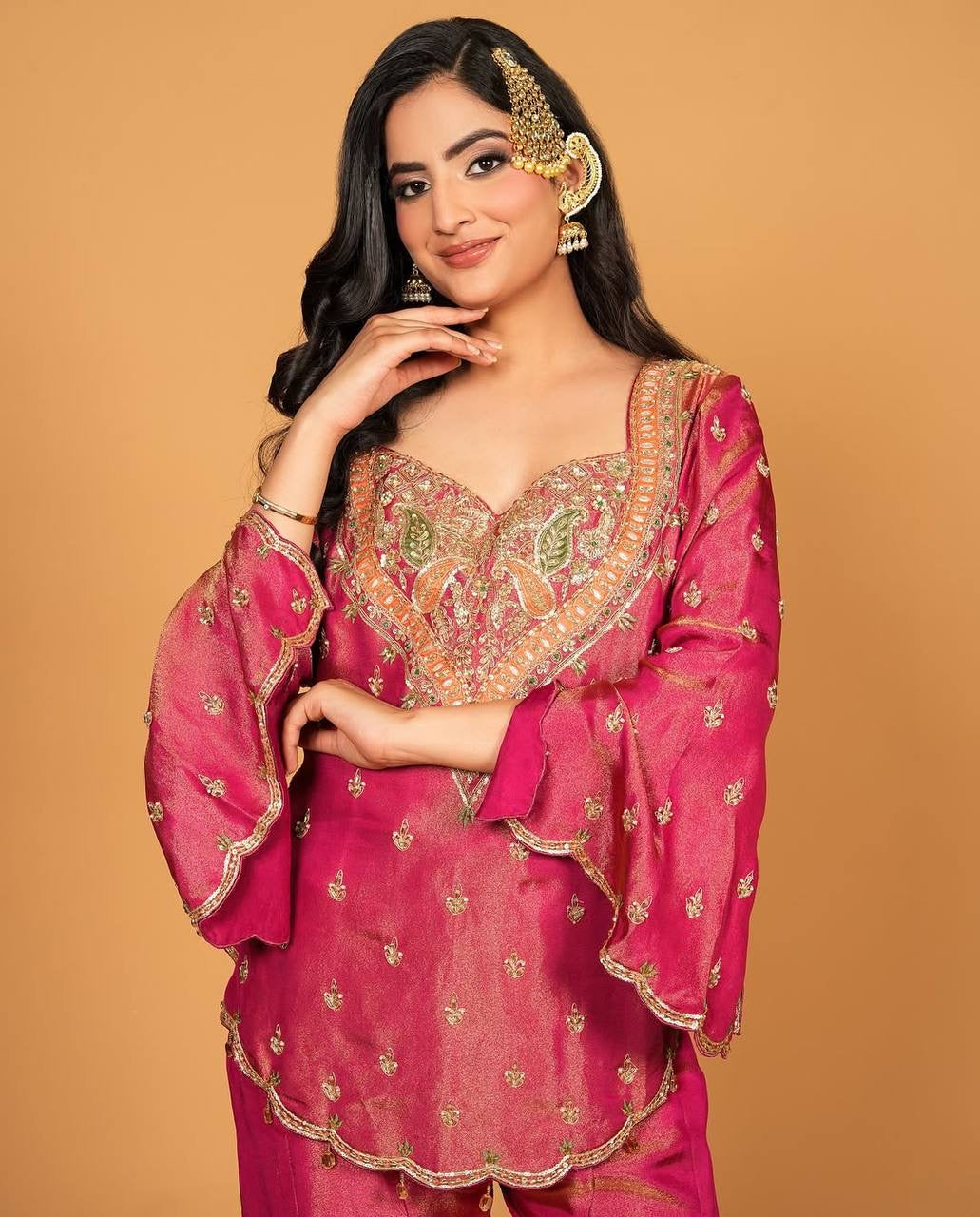 Festive special Designer Flaired palazzo Set with Embellished Kurti & Dupatta in Simar Silk fabric with Embroidery work - FFNSR-852