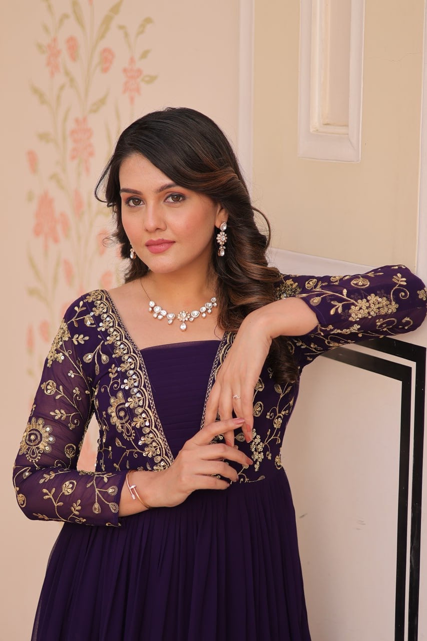 Premium Readymade Gown with Sequins & Zari Embroidery - 12 Meter Flair - FFlw9237