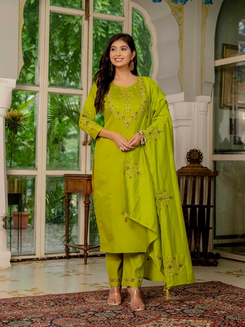 Elegant Marina Silk Straight Kurti Pant Dupatta Set with Multi Embroidery & Hand Work