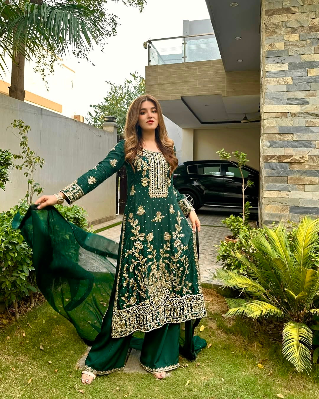 Chinon Silk Flaired Kurti-Palazzo Set with Zari & Sequin Embroidery - LC 1360