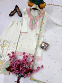 Black & White Kurti Palazzo Set in premium chinon silk fabric with multy color thread Embroidery work