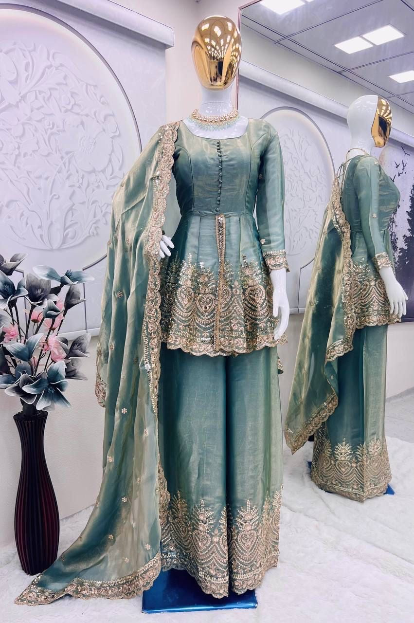 Designer Party Wear Heavy Two Tone Fendy Satin Silk Gown Sharara Set with Embroidery & Real Mirror