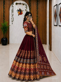 Traditional Maroon Garba Lehenga Choli with Authentic Mirror Work & Digital Print