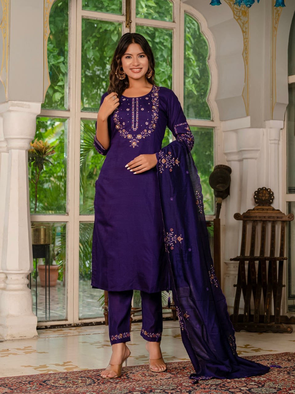 Elegant Marina Silk Straight Kurti Pant Dupatta Set with Multi Embroidery & Hand Work