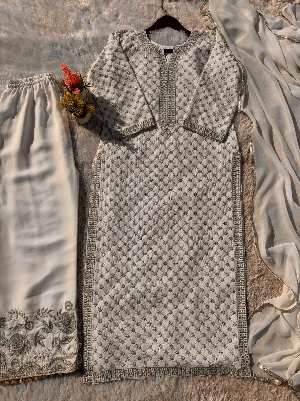 Fancy Faux Georgette Top & Pant Set with Sequence Embroidery & Moti Work - FFLG-1922
