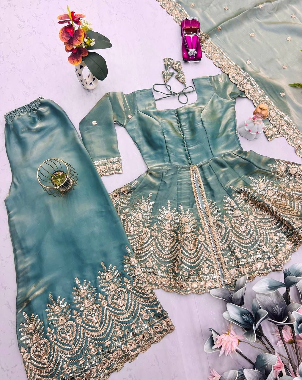 Designer Party Wear Heavy Two Tone Fendy Satin Silk Gown Sharara Set with Embroidery & Real Mirror