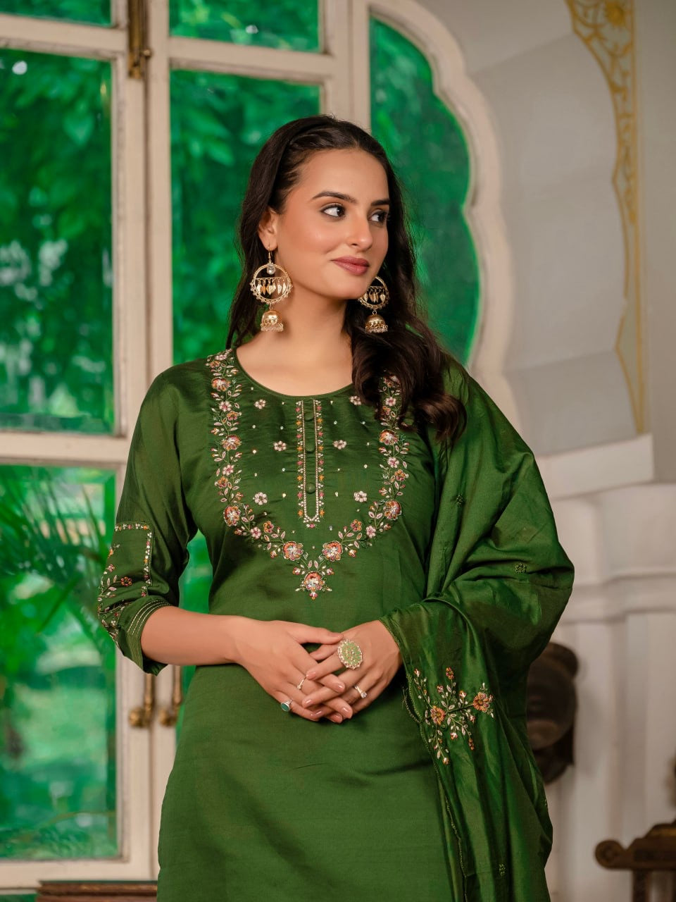 Elegant Marina Silk Straight Kurti Pant Dupatta Set with Multi Embroidery & Hand Work