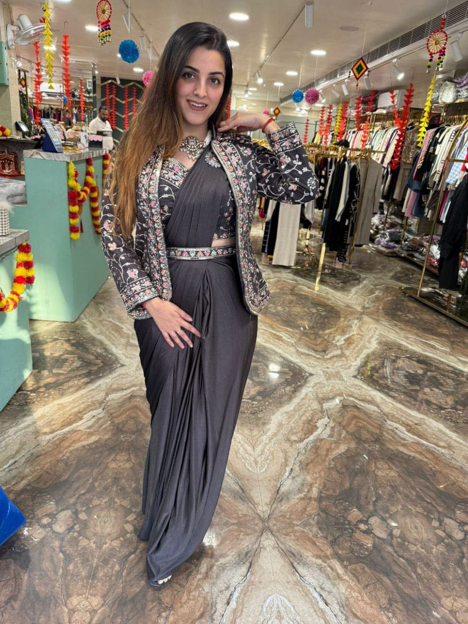 Ready To Wear Diamond Satin Silk Saree with Jacket & Embroidery Belt