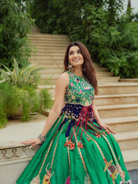 Sea Green Navratri Lehenga Choli for Women – Fusion Style, Real Mirror Work, Digital Print, 4 Meter Flair, Soft Muslin Cotton Garba & Dandiya Outfit