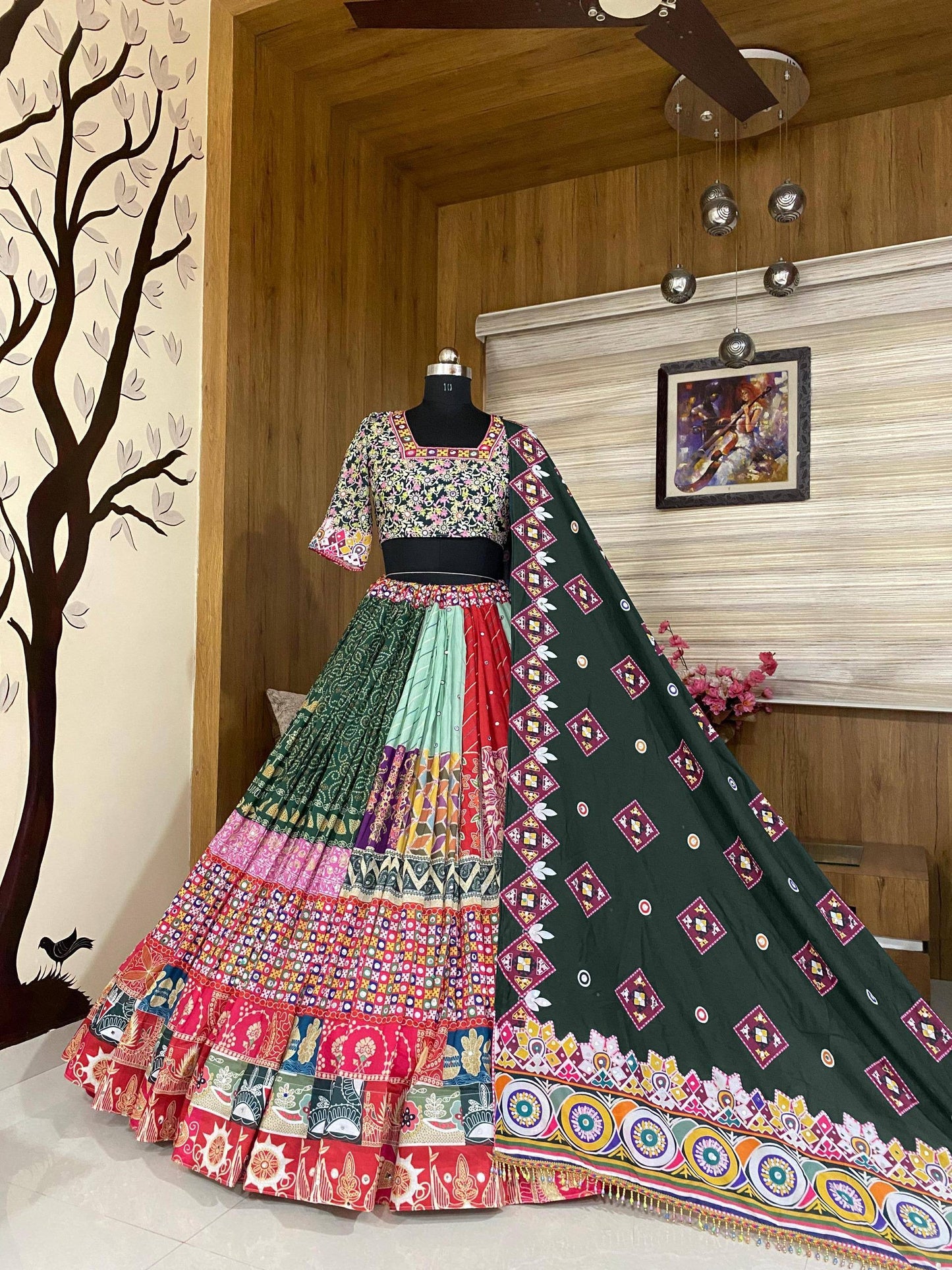 Navratri special Heavy Muslin Cotton Lehenga with Digital Print & Real Mirror Work - Alc 99