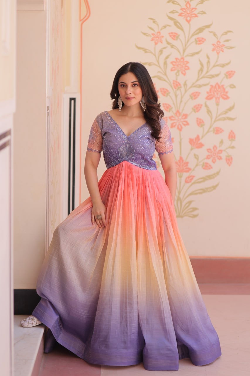 Premium Readymade Designer Gown with Gold Crush Padding & Beads Embroidery