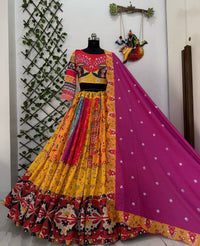 Vibrant yellow color Real Mirror Work Navratri Lehenga With Elegant Pink Color Dupatta