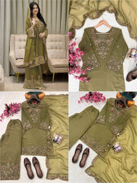 Designer Kurti-Palazzo set in premium moss tissue silk