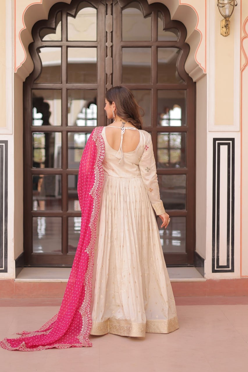 Trending Cosmos Jacquard Gown with Bandhani Printed Embroidered Cut Work Dupatta
