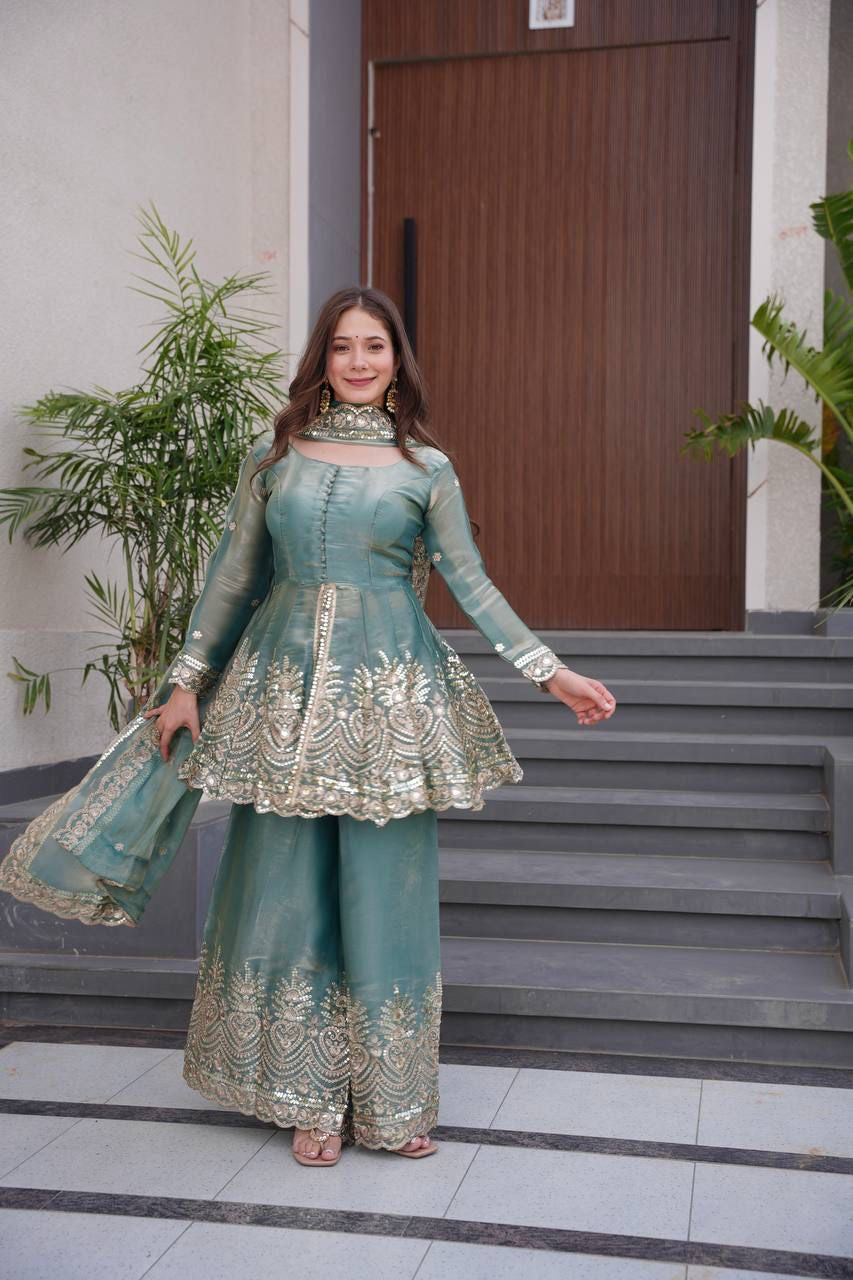 Designer Party Wear Heavy Two Tone Fendy Satin Silk Gown Sharara Set with Embroidery & Real Mirror