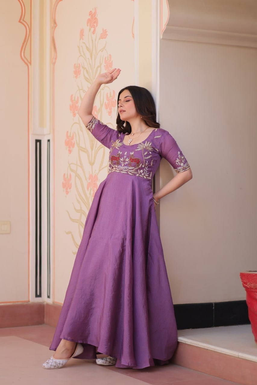 Premium Readymade Designer Gold Crush Gown with Beads Embroidery & Umbrella Flair