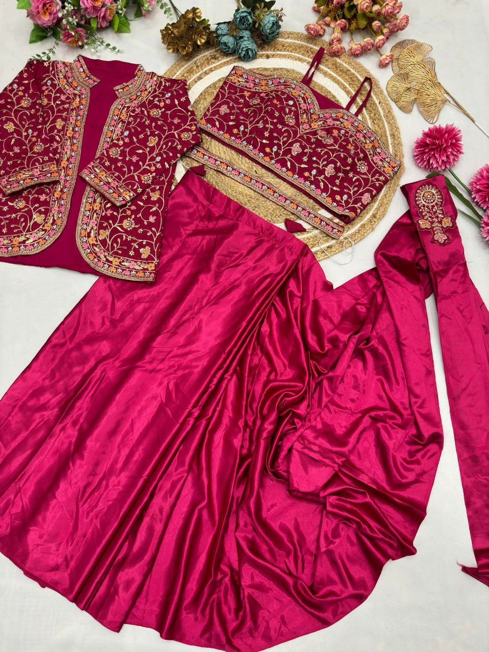 Ready To Wear Diamond Satin Silk Saree with Jacket & Embroidery Belt