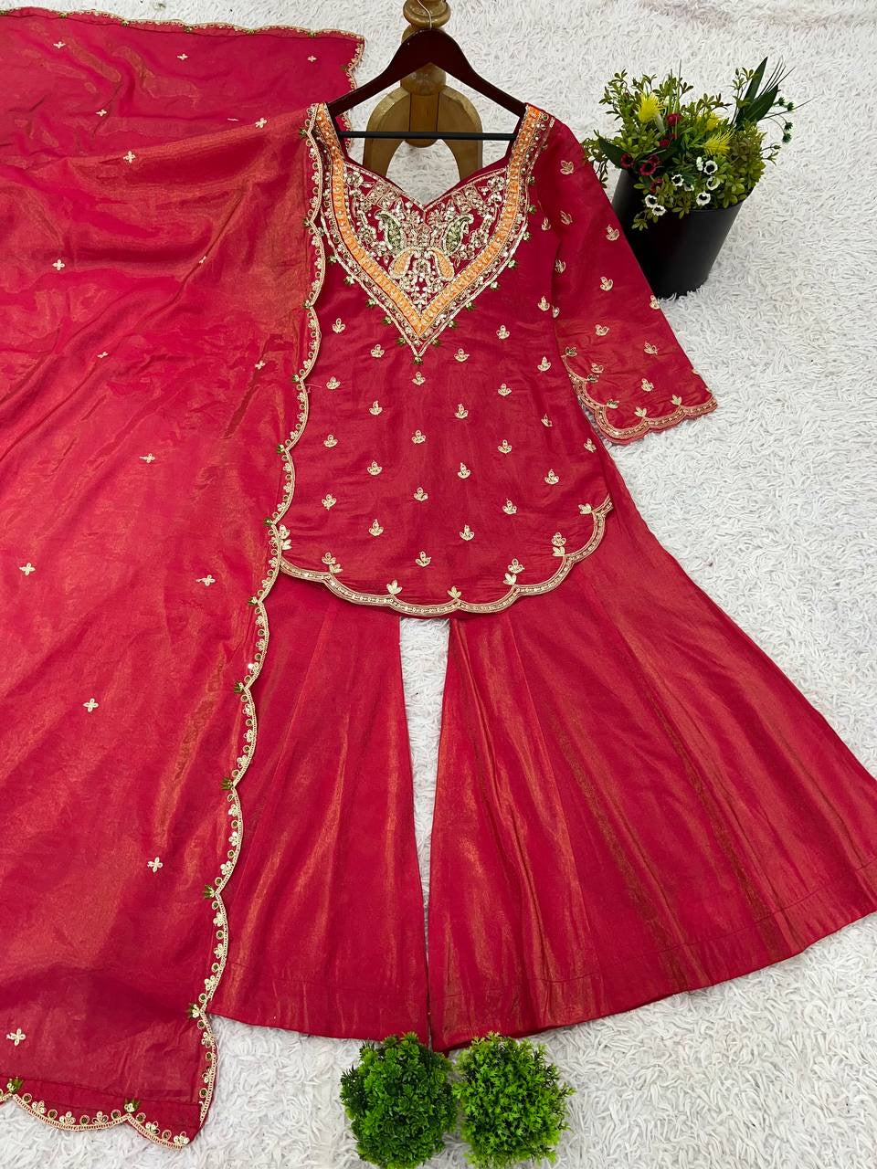 Festive special Designer Flaired palazzo Set with Embellished Kurti & Dupatta in Simar Silk fabric with Embroidery work - FFNSR-852