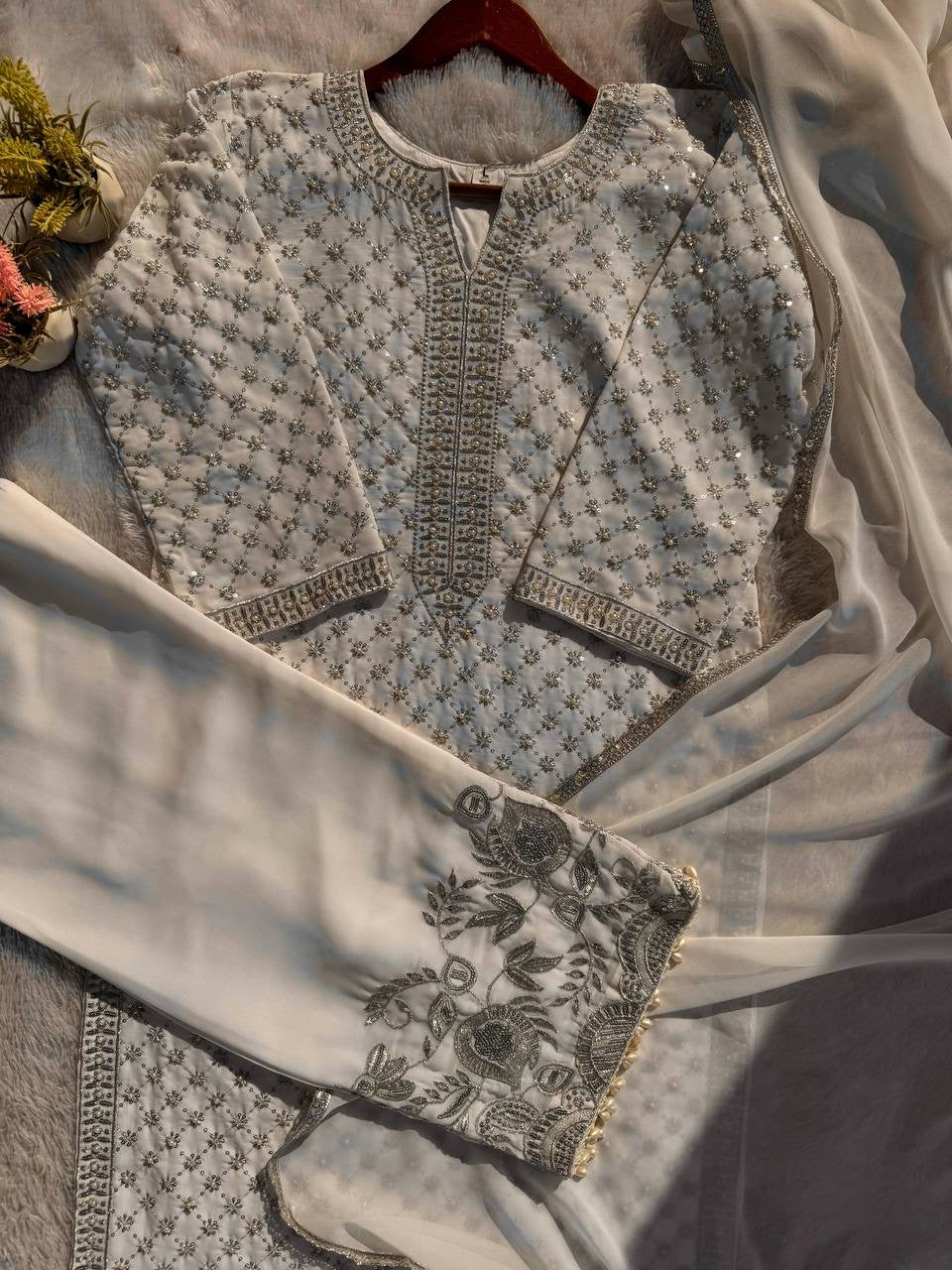 Fancy Faux Georgette Top & Pant Set with Sequence Embroidery & Moti Work - FFLG-1922