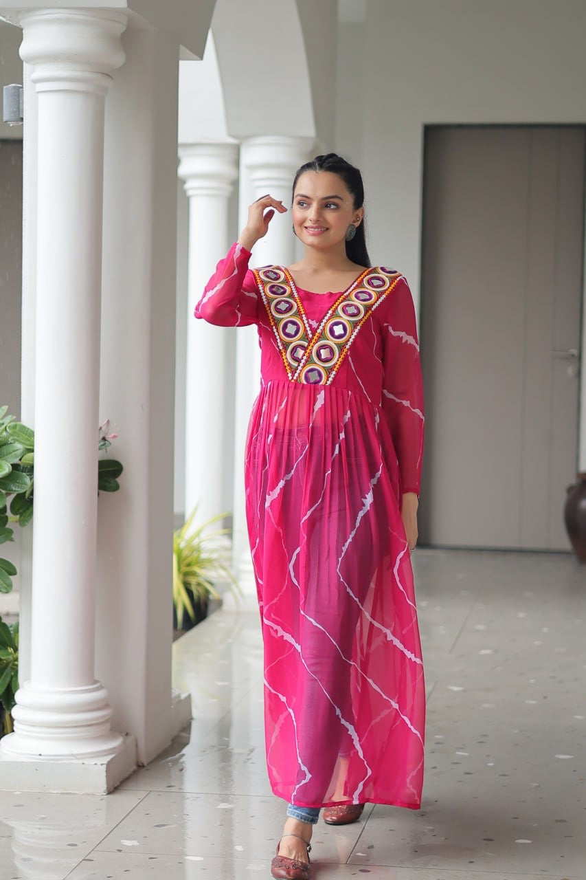 Navratri Collections 2025 Leheriya Print Kurti with Kutchi Patchwork in Faux Georgette