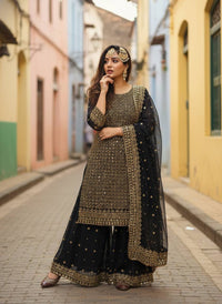 Black Royal Zari & Sequins Embroidered Kurti & Flared Palazzo Set with Elegant Dupatta