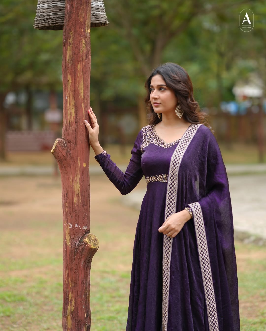 Gold Crushed Silk Gown with Thread & Sequin Embroidery - VF 206