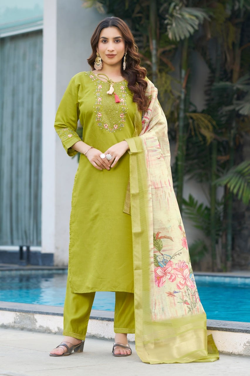 Elegant Viscose Silk Straight Kurti Pant Dupatta Set with Multi Embroidery & Hand Work