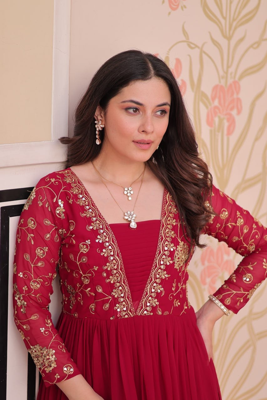 Premium Readymade Gown with Sequins & Zari Embroidery - 12 Meter Flair - FFlw9237