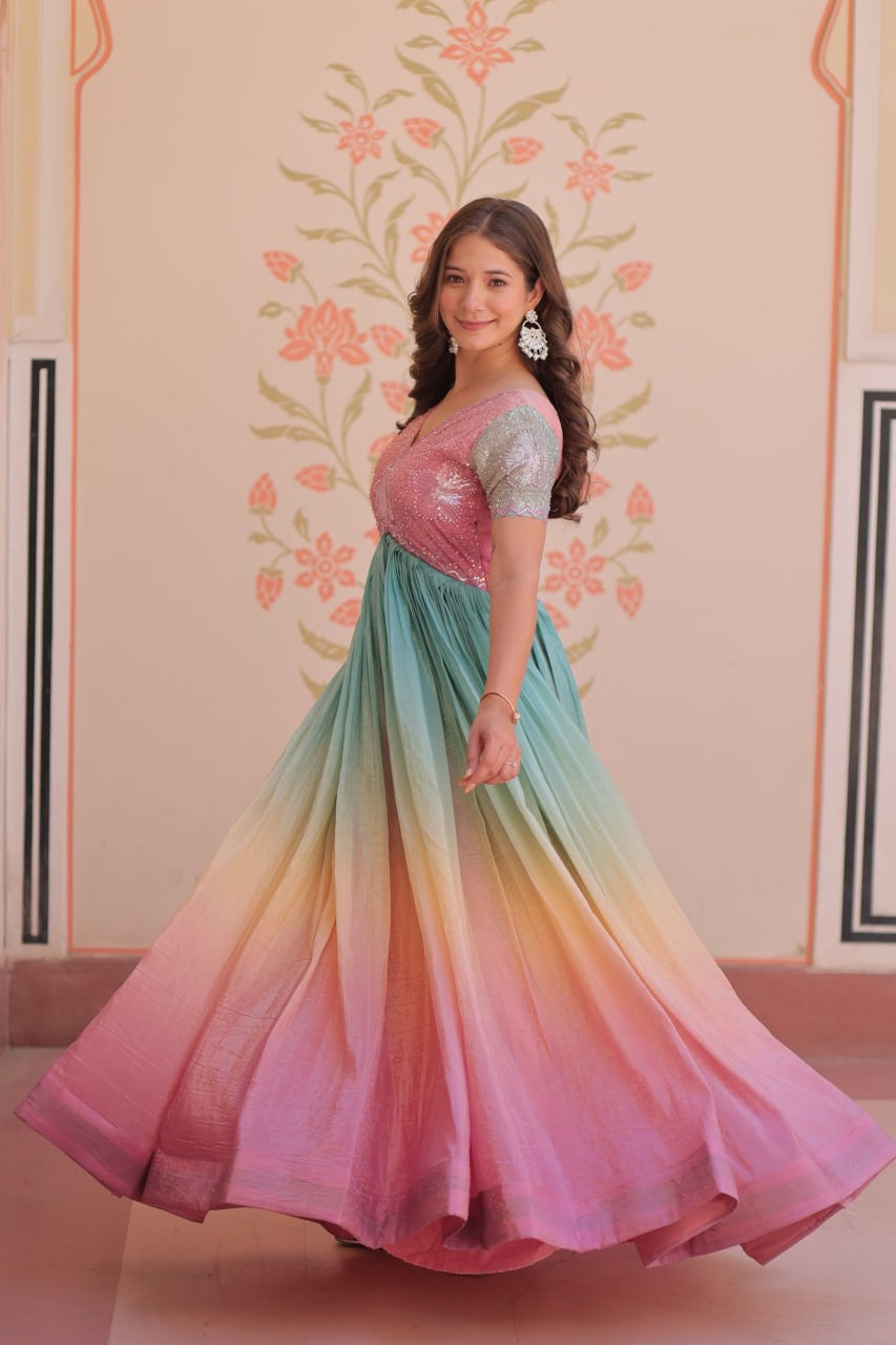 Premium Readymade Designer Gown with Gold Crush Padding & Beads Embroidery