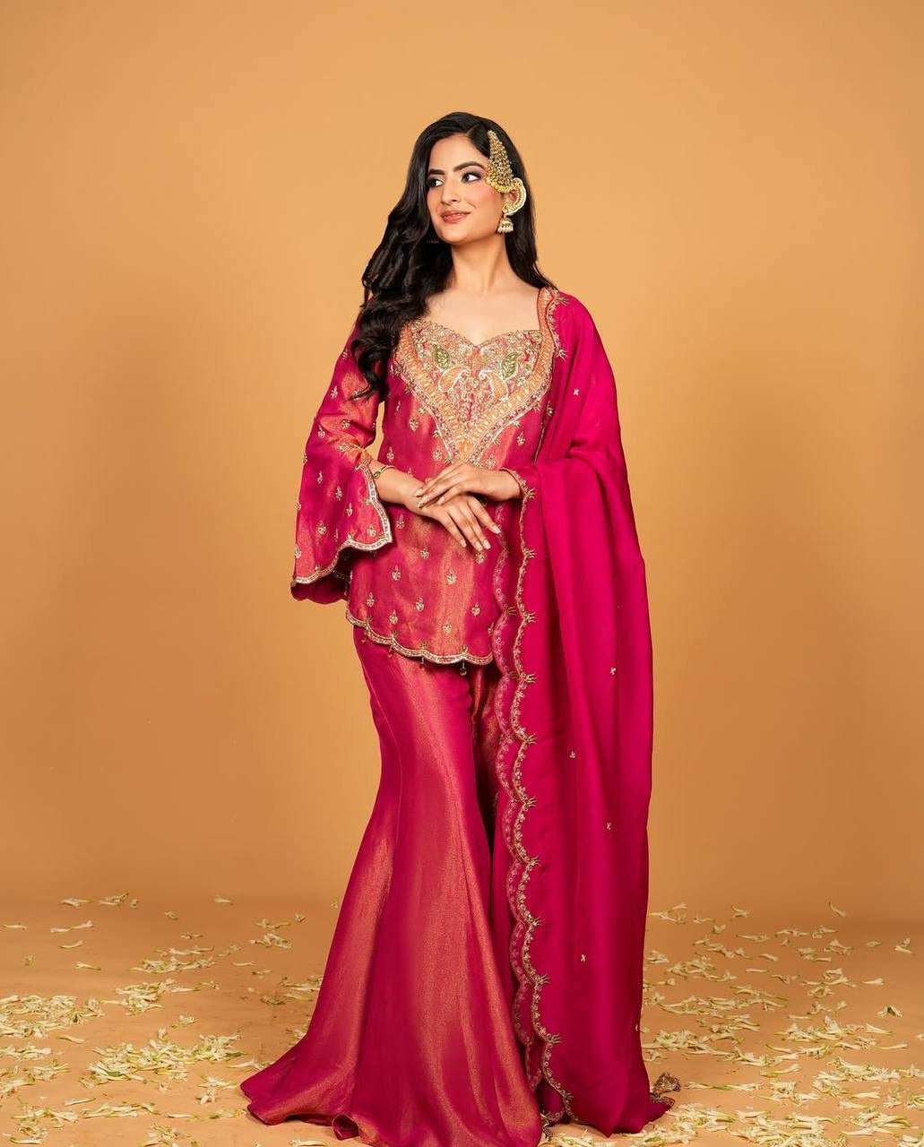 Festive special Designer Flaired palazzo Set with Embellished Kurti & Dupatta in Simar Silk fabric with Embroidery work - FFNSR-852