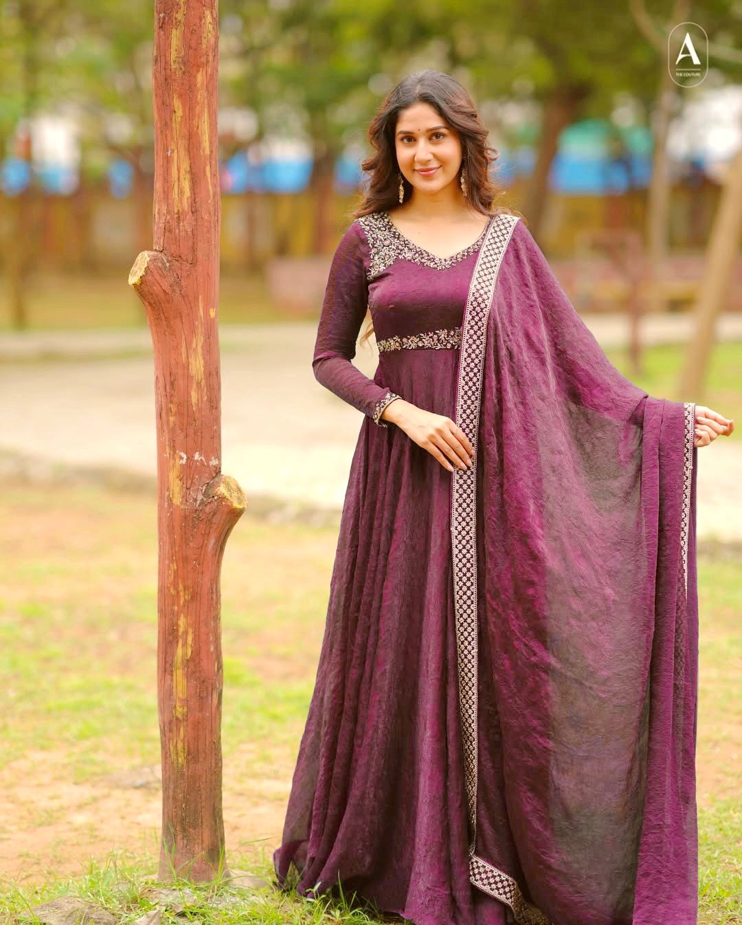 Gold Crushed Silk Gown with Thread & Sequin Embroidery - VF 206