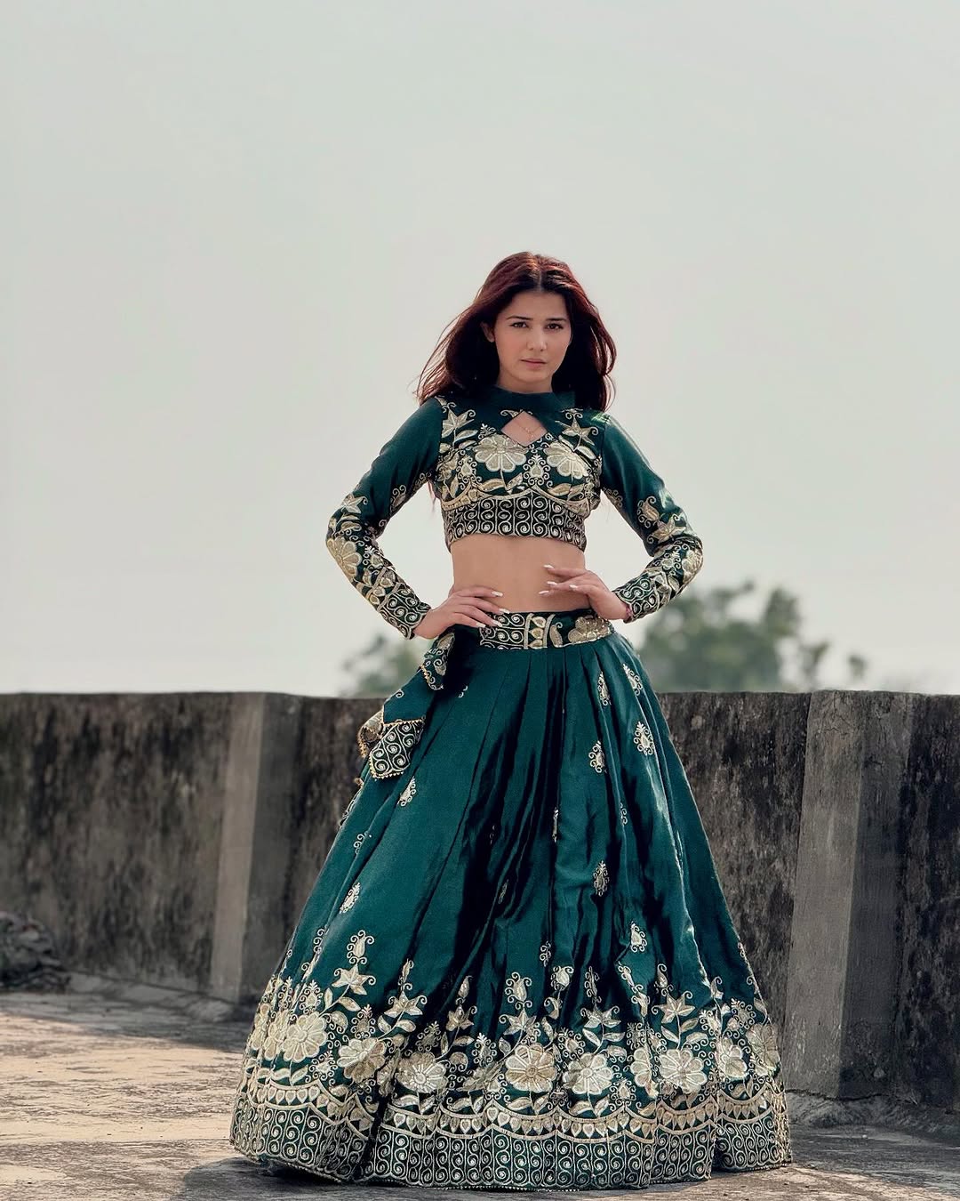 Emerald Green stylish semi bridal lehenga choli