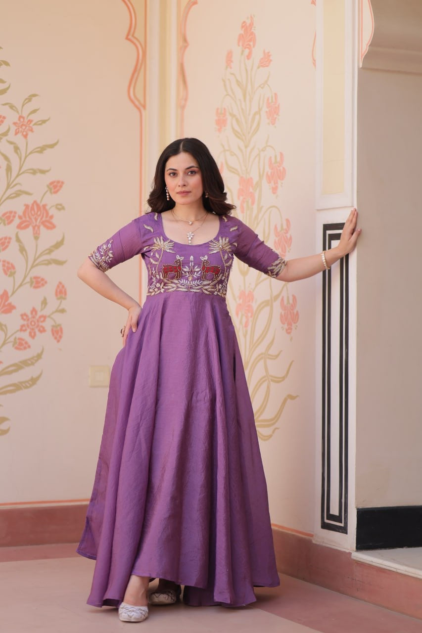 Premium Readymade Designer Gold Crush Gown with Beads Embroidery & Umbrella Flair