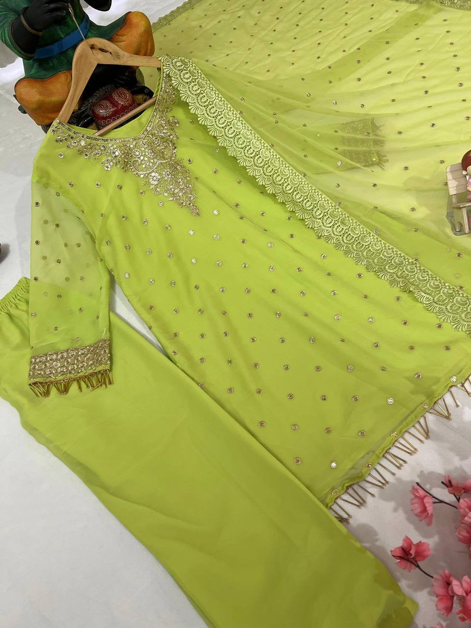 Georgette Kurti Pant Set with Sequin & Zari Embroidery - LC 1356