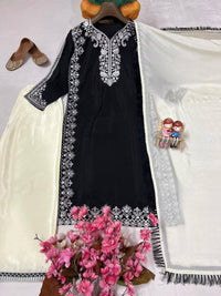 Trending black & white kurti plazzo set with elegant thread Embroidery work